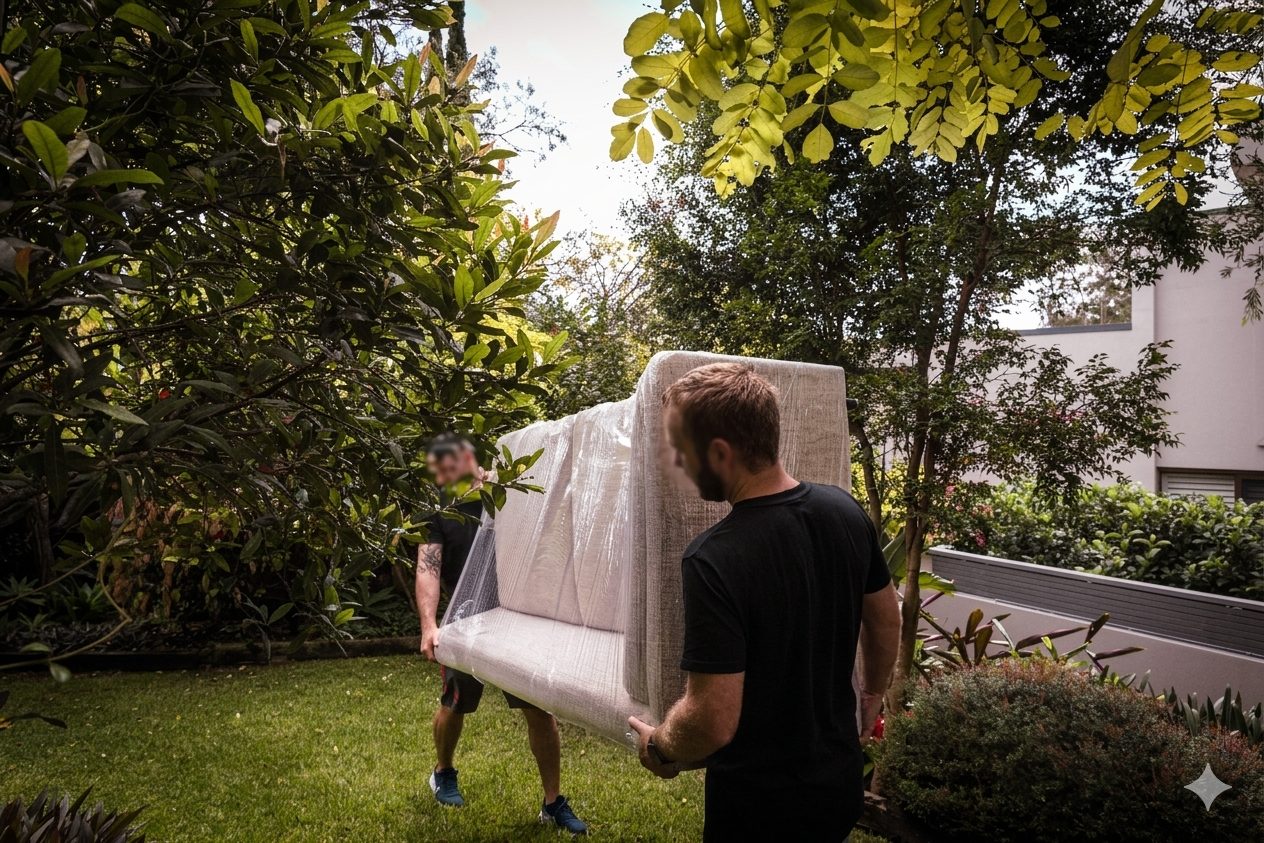 Two Hartmann movers carrying a blanket-wrapped piece through a Sydney garden — the same wrapping discipline scaled up for white-glove handling